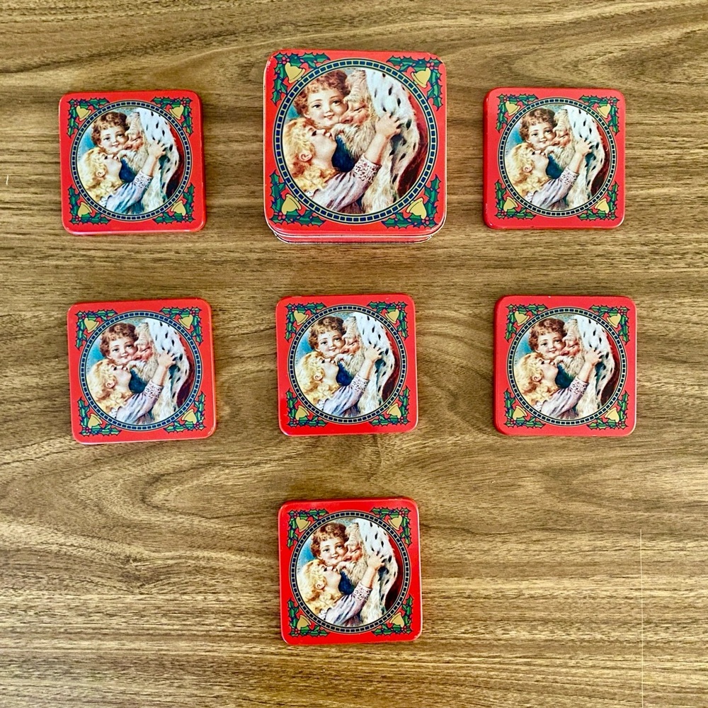 Enesco Vintage Santa Christmas Tin Coasters Set of 6 with Holiday Storage Tin